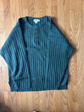J. Crew Men’s Ribbed Henley Sweater in Dark Teal Green Large Lambswool